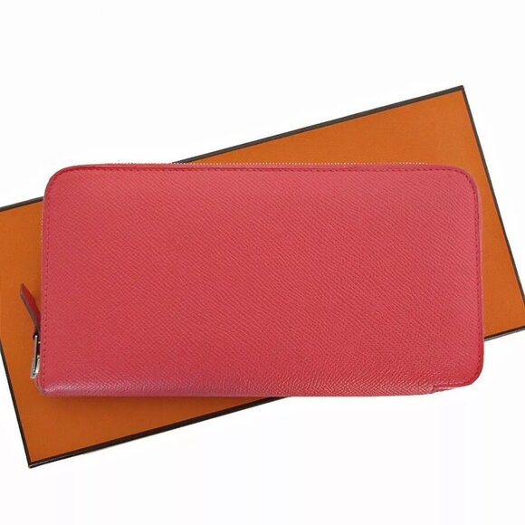 Auth HERMES AZAP LONG Zip Around long wallet Pink red leather s0483a - Picture 1 of 10